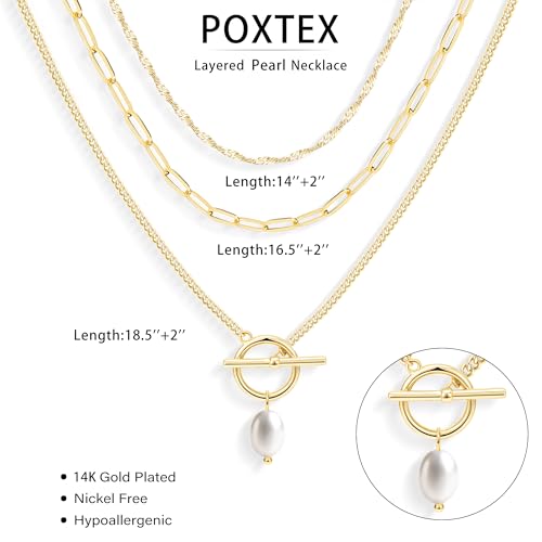 Poxtex Layered Gold Necklaces for Women, Stackable Dainty 14K Gold Silver Plated Trendy Simple Heart Diamond Cross Bow Circle Pendant Paperclip Choker Dot Chain Necklace,Jewelry Set Gifts for Women - color: Gold, style: Pearl1
