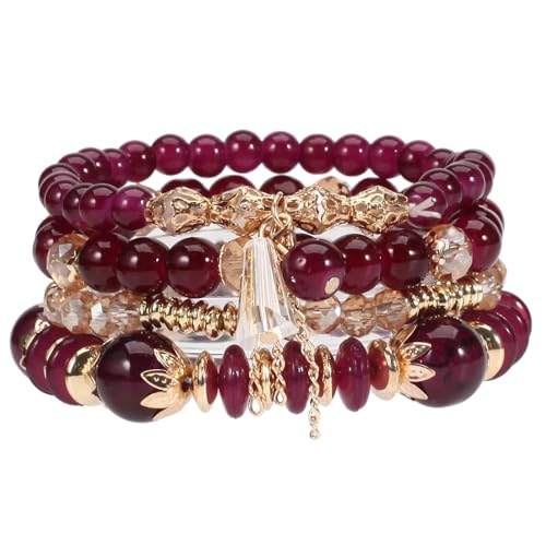 Boho Stackable Jewelry Bracelets for Women 4 Pcs Beaded Stretch Stacking Charm Crystal Bracelet Set Friendship Gifts - color: Purple