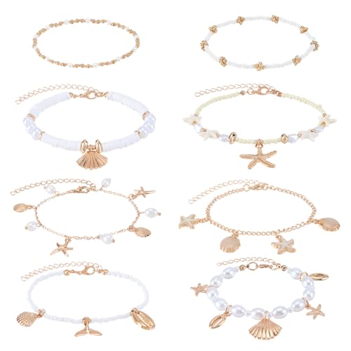 PH PandaHall 8pcs Ocean Themed Anklets for Women, Hawaiian Starfish Shell Charm Beaded Anklets Adjustable Seashell Ankle Bracelets for Beach Vacation Summer Jewelry Outfits Accessories