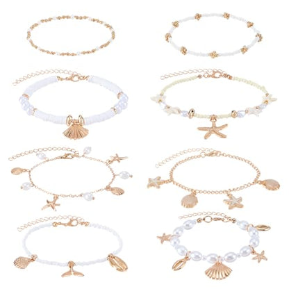 PH PandaHall 8pcs Ocean Themed Anklets for Women, Hawaiian Starfish Shell Charm Beaded Anklets Adjustable Seashell Ankle Bracelets for Beach Vacation Summer Jewelry Outfits Accessories