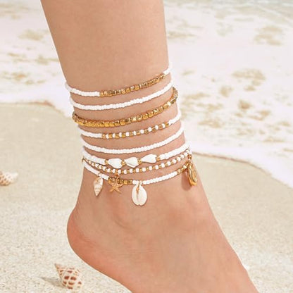 Qceasiy Starfish Ankle Bracelets for Women, Boho Beaded Beach Anklets Set | Gold-plated layered anklets in seashell, disc, and conch styles, with stretch or adjustable fits for summer beach outfits. - color: Gold 2