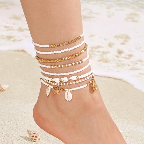 Qceasiy Starfish Ankle Bracelets for Women, Boho Beaded Beach Anklets Set | Gold-plated layered anklets in seashell, disc, and conch styles, with stretch or adjustable fits for summer beach outfits. - color: Gold 2