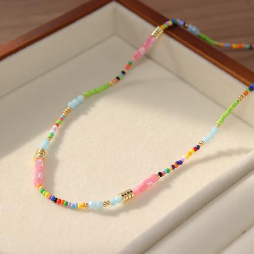 Gold Seed Beaded Necklaces for Women, Boho Handmade Adjustable Colorful Beads Choker Summer Beach Jewelry Gift. - color: Pink Green