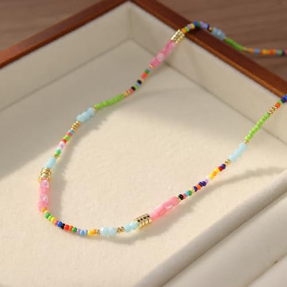 Gold Seed Beaded Necklaces for Women, Boho Handmade Adjustable Colorful Beads Choker Summer Beach Jewelry Gift. - color: Pink Green
