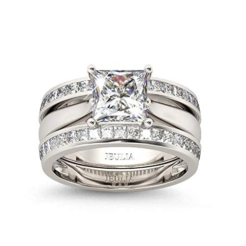 Jeulia 4.37 Carat Engraved Pricess Cut Cubic Zirconia Engagement Ring Diamond Wedding Bands for Women CZ Solitaire Sterling Silver Anniversary Bridal Promise Rings Set