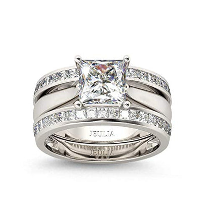 Jeulia 4.37 Carat Engraved Pricess Cut Cubic Zirconia Engagement Ring Diamond Wedding Bands for Women CZ Solitaire Sterling Silver Anniversary Bridal Promise Rings Set