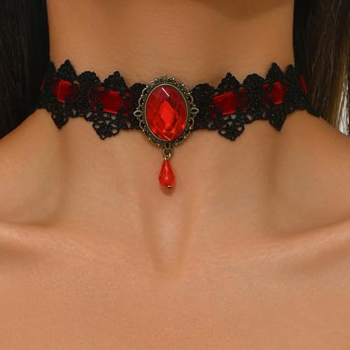 Qceasiy Gothic Black Necklace for Women, Adjustable Victorian Velvet Lace Collar, Halloween Party Cosplay Jewelry Gift - style: Red Gem Lace