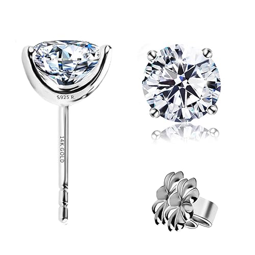 "STUNNING FLAME" Solid 14K Gold Post & Sterling Silver Round Cut Cubic-Zirconia Stud CZ Earrings | Hypoallergenic Jewelry - color: 14k Gold Post & Sterling Silver - White, size: 3.0 Carat-(1.5ct*2)-7.5mm