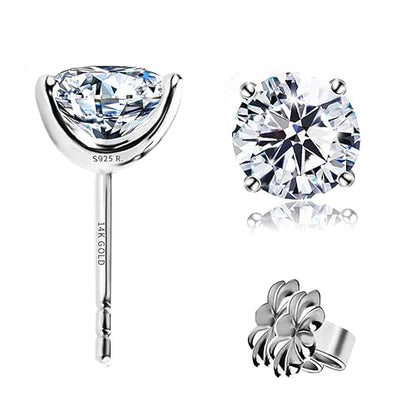 "STUNNING FLAME" Solid 14K Gold Post & Sterling Silver Round Cut Cubic-Zirconia Stud CZ Earrings | Hypoallergenic Jewelry - color: 14k Gold Post & Sterling Silver - White, size: 1.5 Carat-(0.75ct*2)-6mm