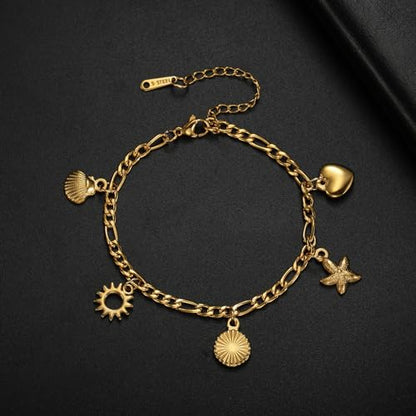 Jude Jewelers Stainless Steel Summer Holiday Clam Sun Heart Charms Strand Bracelet - color: Gold