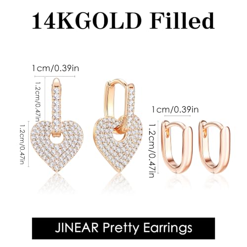 JINEAR 2 Pairs Gold Hoop Earrings for Women Dainty Huggie Earrings Set | 14K Gold Plated Cubic Zirconia Hypoallergenic Lightweight Waterproof Cartilage Hoop Earrings Trendy Jewelry Gift - color: Heart Zircon&Pockets