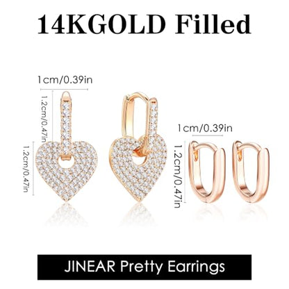 JINEAR 2 Pairs Gold Hoop Earrings for Women Dainty Huggie Earrings Set | 14K Gold Plated Cubic Zirconia Hypoallergenic Lightweight Waterproof Cartilage Hoop Earrings Trendy Jewelry Gift - color: Heart Zircon&Pockets