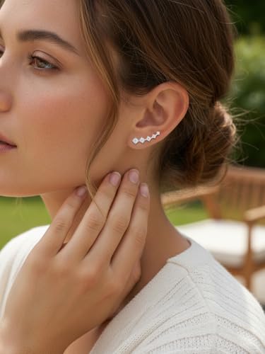 Moissanite 20mm Butterlfy/Flower/Leaf/Bezel Crawler Stud Earrings for Women, 925 Sterling Silver with Gold Plated, Hypoallergenic Cartilage Earrings, Valentines Birthday Anniversary Wedding Gift - color: Round - White Gold