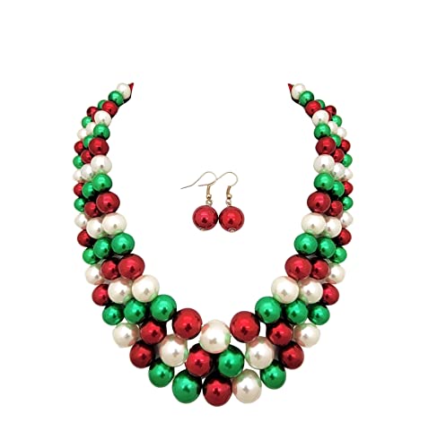 Fashion 21 Women's Faux Pearl Three Multi-Strand Statement Necklace and Earrings Set (Red + Green Mix)