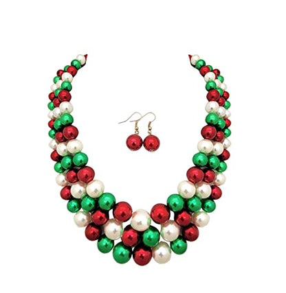 Fashion 21 Women's Faux Pearl Three Multi-Strand Statement Necklace and Earrings Set (Red + Green Mix)