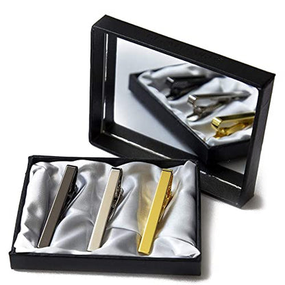 3pc Mens Tie Bar Clip for Regular Necktie, Gold Silver Black with Luxury Gift Box Set