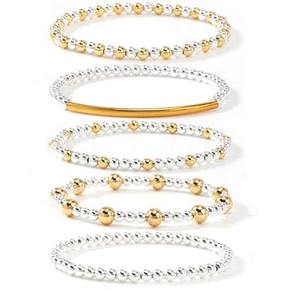 14K Gold Plated Beaded Bracelets Stack Set for Women,Stretch Boho Ball Jewelry Friendship Trendy - color: Silver gold