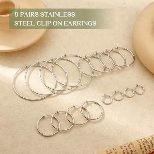 Magitaco 8 Pairs Clip On Hoop Earrings Stainless Steel Clip On Earrings for Women Fake Hoop Earring Spring Hoop Earring For Non-Pierced Ears - color: B:Sliver Tone