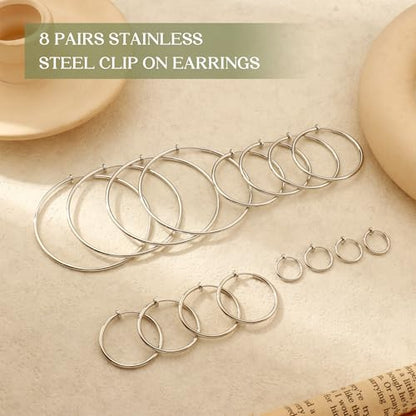 Magitaco 8 Pairs Clip On Hoop Earrings Stainless Steel Clip On Earrings for Women Fake Hoop Earring Spring Hoop Earring For Non-Pierced Ears - color: B:Sliver Tone