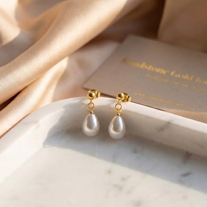 Hypoallergenic Pearl Earrings Set for Women | S925 Sterling Silver & Stainless Steel, Daisy Heart & Hook & Teardrop Dangle & Huggie Hoop, Simulated Pearl, Sensitive Ears - color: Yellow Gold Teardrop pearl