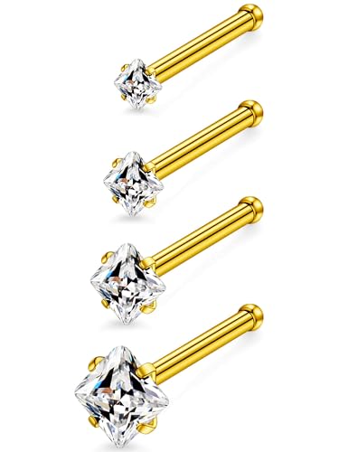 18G 20G 14K Gold Filled Nose Rings Studs Piercing Jewelry For Women Men 316L Surgical Steel Round Square Cubic Zirconia Nose Rings Studs Nostrial Piercing Jewelry CZ 1.5mm 2mm 2.5mm 3mm - color: 14K Gold Plated, size: 20 Gauge-Straight-Square CZ