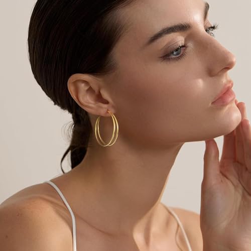 Large Thin Double Hoop Earrings for Women Lightweight Hypoallergenic 925 Sterling Silver Post 14K Gold Hoops Non Tarnish Sturdy Big Thin Double Layered Hoop Earrings 30/40/50/60mm - color: Gold, size: 40mm