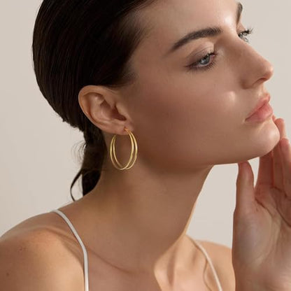 Large Thin Double Hoop Earrings for Women Lightweight Hypoallergenic 925 Sterling Silver Post 14K Gold Hoops Non Tarnish Sturdy Big Thin Double Layered Hoop Earrings 30/40/50/60mm - color: Gold, size: 40mm