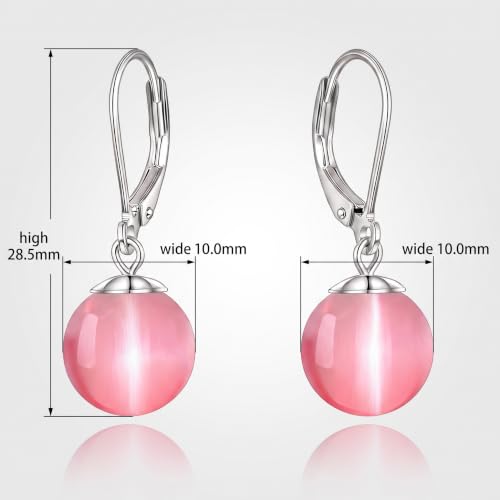 Pearl Leverback Earrings for Women Dangle Round Gemstone Earrings Birthstone Jewelry Gift Anniversary for Her - color: 21 Pink cat-eye