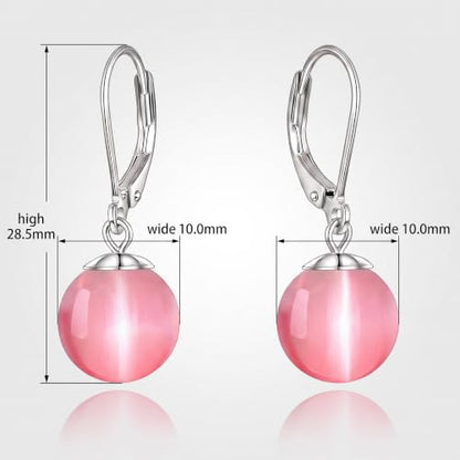 Pearl Leverback Earrings for Women Dangle Round Gemstone Earrings Birthstone Jewelry Gift Anniversary for Her - color: 21 Pink cat-eye