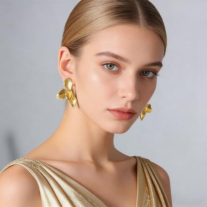Chunky Flower Clip on Earrings for Women 14K Gold Plated No Piercing Floral Stud Earring Lightweight Jewelry Gifts - color: Flower-B-gold
