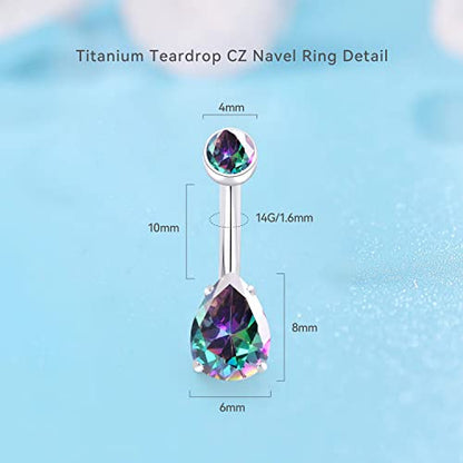 limerencia 14G G23 Titanium Belly Button Ring with Small Teardrop Cubic Zirconia 10mm Internally Threaded Navel Piercing Jewelry - color: Rainbow Quartz