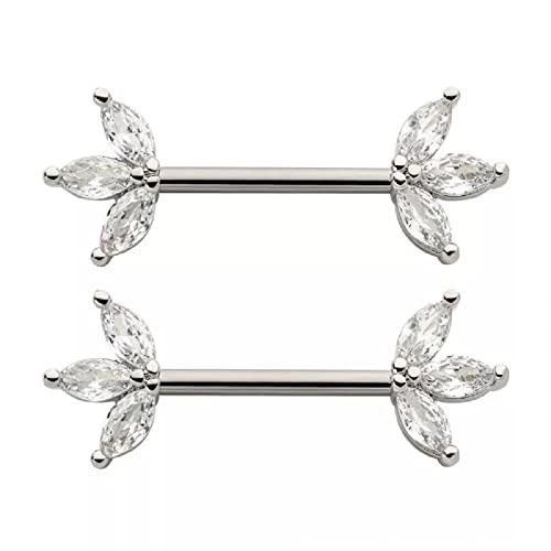 Pierced Owl 14GA 316L Stainless Steel Triple CZ Crystal Marquise Ends Nipple Barbells, Sold as a Pair - style: Silver Tone/Clear