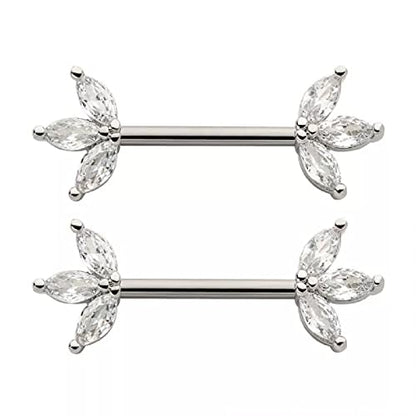 Pierced Owl 14GA 316L Stainless Steel Triple CZ Crystal Marquise Ends Nipple Barbells, Sold as a Pair - style: Silver Tone/Clear