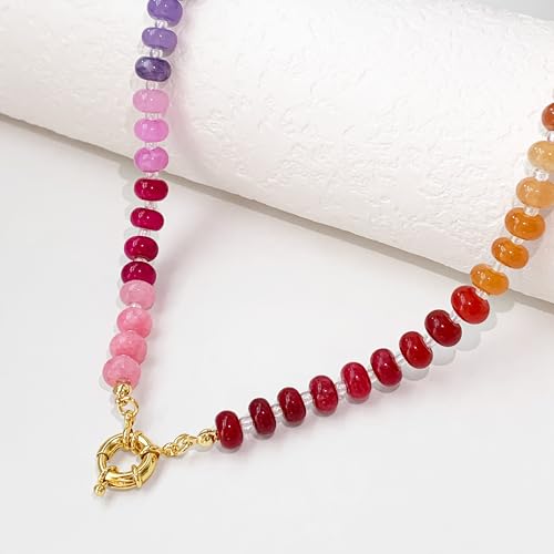 HAXIYA Colorful Beades Gemstone Necklace for Women Boho Beaded Choker | Rainbow Natural Stone Chunky Bead Surfer Summer Beach Necklaces Jewelry Hypoallergenic - color: Rainbow