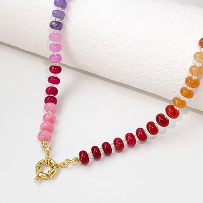 HAXIYA Colorful Beades Gemstone Necklace for Women Boho Beaded Choker | Rainbow Natural Stone Chunky Bead Surfer Summer Beach Necklaces Jewelry Hypoallergenic - color: Rainbow
