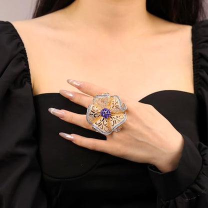Elegant Big Crystal Flower Ring for Women Gold Rhinestone Floral Rings Open Finger Adjustable Crystal Flower Statement Ring Jewelry for Bridal Wedding - color: Flower 1 - blue