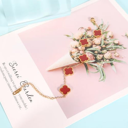 Delicacy Clover Bracelets Necklace Set:Clover Necklaces Clover Bracelet Women Link Bracelets Cute Gold Jewelry - color: Red-Gold