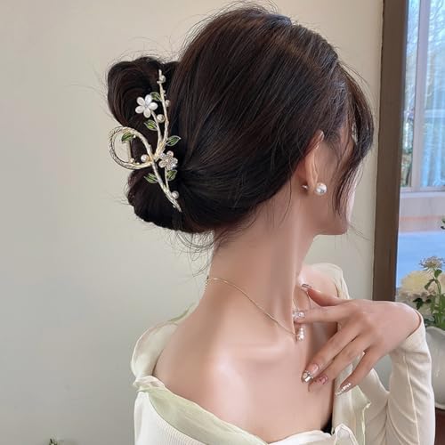 Floral Hair Claw Clip with Faux Pearl & Crystal, Green Leaf Cat Eye Flower Hair Grab Clip, Elegant Hair Accessory for Women Bun Updo Styling