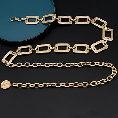 Women's Chain Belt Metal Waist Belt Chunky Belly Link Belt - color: Square Gold, size: M: 47.2 in