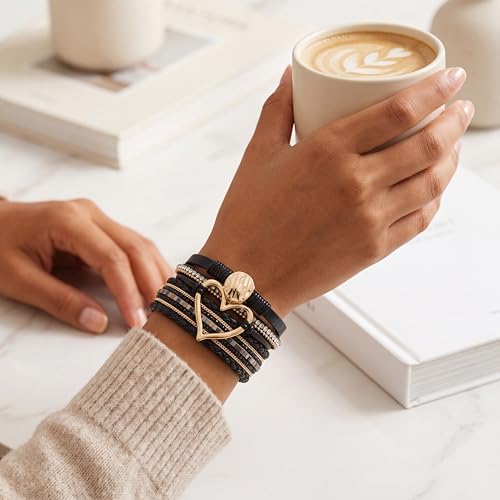 Edoneery Leather Wrap Bracelets for Women, Boho Layered Cuff Bangle | Multi-layer Leather Cuff, Daily wear, Stackable Bangle, Easy on-off, Western Jewelry Gifts for Women - color: Black-2