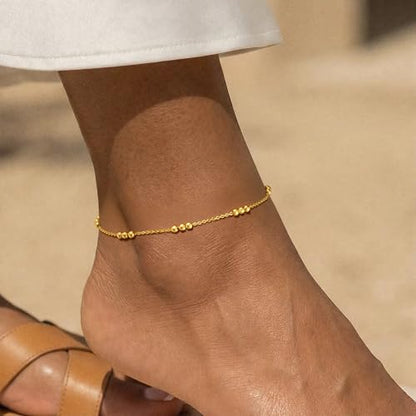Gold Ankle Bracelet for Women Waterproof,Dainty Bead Anklets | 14K Gold Plated Non Tarnish,Lead and Nickel-free, Hypoallergenic,Adjustable Size Daily Wear Jewelry Gifts for Women