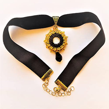 Brown Yellow Orange Beadwoven Sunburst Floral Pendant Velvet Choker Embroidered Flower Fall Autumn