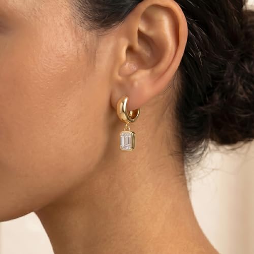 NIXMAX Trendy Gold Dangle Earrings for Women, Chunky Statement CZ Hoops | Bezel-Set Cubic Zirconia Charm, 14K Gold Plated, Lightweight Hypoallergenic Jewelry, Fashion Accessories, Gifts for Women - color: Gold-Chunky Rectangle Hoops