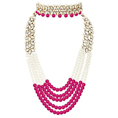 Aheli Wedding Party Wear Bridal Jewellery Choker Long Pearl Necklace Earrings Maang Tikka Indian Traditional Set Gift for Women - color: Rani Pink 1