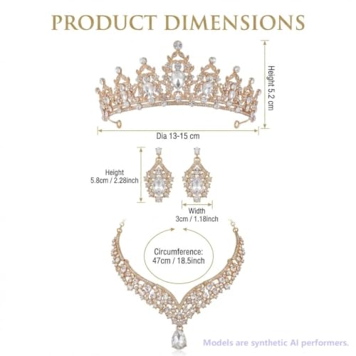 Kamirola Bridal Wedding Tiara Crown Jewelry Set for Women/Brides/Bridesmaids Crystal Jewelry Set for Wedding Prom Party Bridal Crystal Necklace Earrings Bracelet Set(TR60) - color: Gold