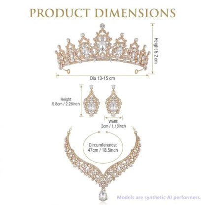 Kamirola Bridal Wedding Tiara Crown Jewelry Set for Women/Brides/Bridesmaids Crystal Jewelry Set for Wedding Prom Party Bridal Crystal Necklace Earrings Bracelet Set(TR60) - color: Gold