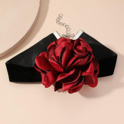 Rose Black Velvet Floral Choker Necklace - Camellia Daisy Rosette - Spring Summer Flower Jewelry - color: Red2
