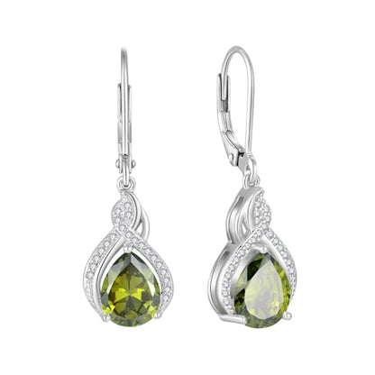 925 Sterling Silver Infinity Teardrop Earrings for Women | Lwsary Dangle Drop Leverback Earrings, Pear Shaped Birthstone Jewelry for Her - color: Olive Green