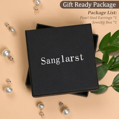 4 Pairs Pearl Stud Earrings Sterling Silver Earring Set | 14K Plated Gold Hypoallergenic Earring stud Large size Round pearl 8mm-14mm Set Earrings for women - style: Flat Round-4 Pairs