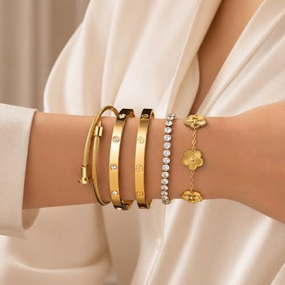 18K Gold Plated Love Bangle Bracelet Stack for Women, Adjustable Clover Bracelet & CZ Tennis Chain Set, Stackable Layered Jewelry, Fade Resistant, Long-Lasting Luster for Daily Wear & Gift - color: 5Pcs Gold